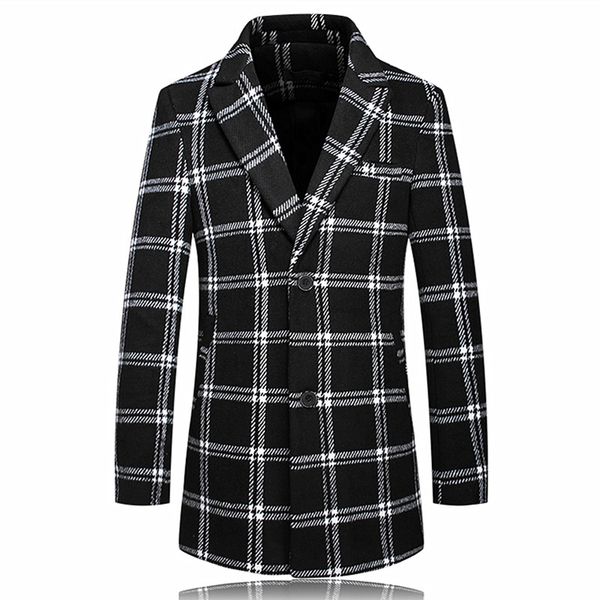 

men's winter british style slim plaid cashmere warm fashion trend trench coat / urban casual woolen windbreaker 5xl, Black