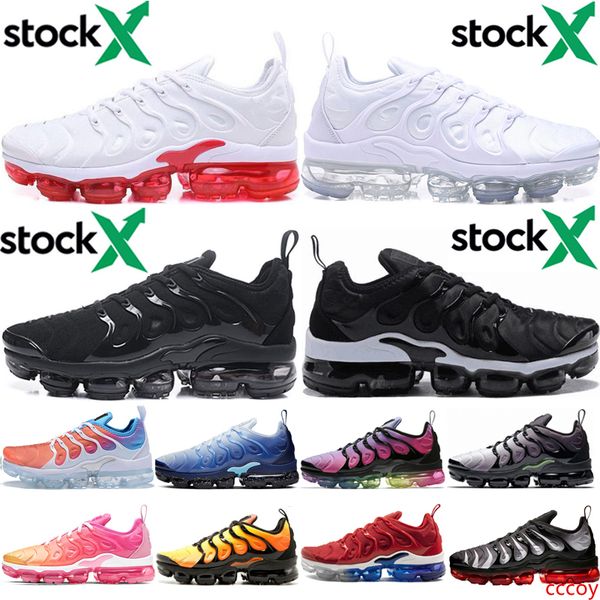 

stock x tn plus men women running shoes sneakers triple white black bumblebee trainers mens sunset grape volt womens sneaker shoes 36-45