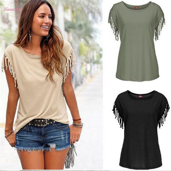 

women cotton tassel casual t shirt sleeveless solid color tees short sleeve o neck womens clothing t shirt women in, White