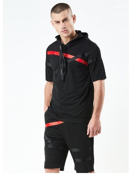 

panelled tracksuits fashion sport styles mens 2pcs sets homme striped hooded short sleeves suits mens designer, Gray