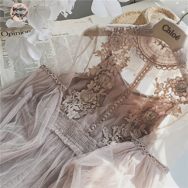

платье фонарь стенд воротник рукавом платье see through кружева вышивка mesh фея платье femme vestidos robe дизайнер одежды, Black;gray