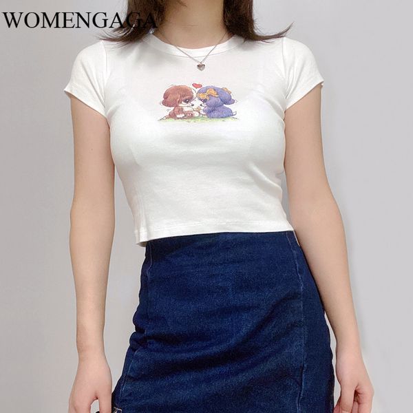 

2020 summer new fashion elastic knitting girl female slim cartoon short exposed navel womens t shirt dog e254, White