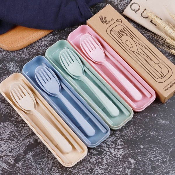 

dinnerware sets wheat straw cutlery set fork spoon chopsticks 3pcs travel tableware kids christmas gifts 8 colors dhw1721