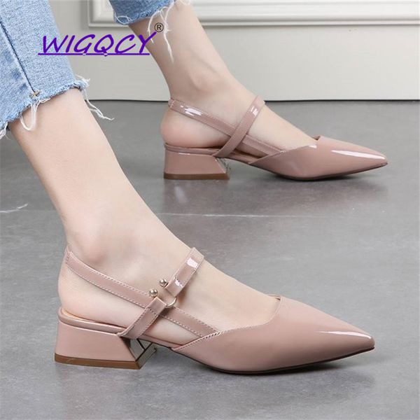 

pointed toe square heel pumps women shoes 2019 new summer shoes women fashion buckle patent leather casual ladies, Black