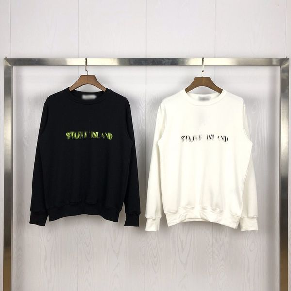 

20ss 19 autumn and winter stone s compass faded design logo printing plus velvet round neck tide men and women same couple casual sweater, Black