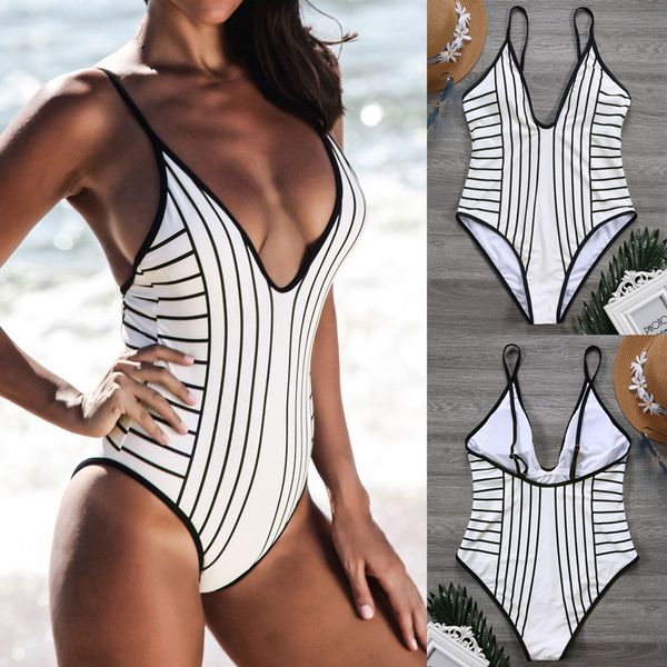 

women bandage striped push up one piece bodysuit, Black;white