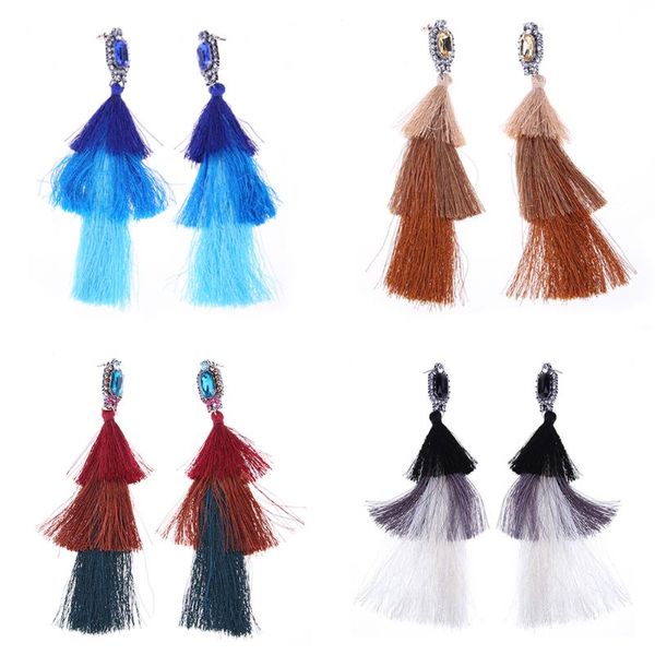 

fashion earring women girl elegant vintage style multicolor inlaid multi layer tassel drop earrings jewelry gift, Silver