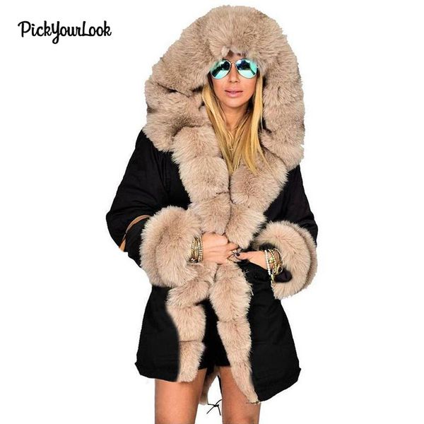 

pickyourlook casual winter thick solid color cotton coat fur wide-waisted women jacket winter overwear ladies outwear femme, Black