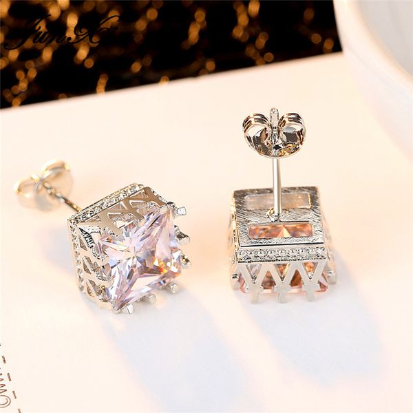 

cute princess square stud earrings silver color white zircon stone double earrings for women geometric earring vintage jewelry, Golden;silver