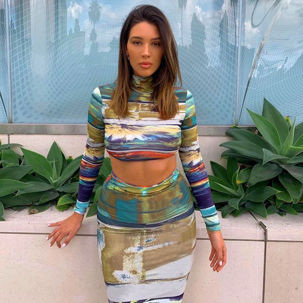 

europe and the united states 2020 new style stand-up collar street hipster print dew navel cover hip skirt two-piece suit, White