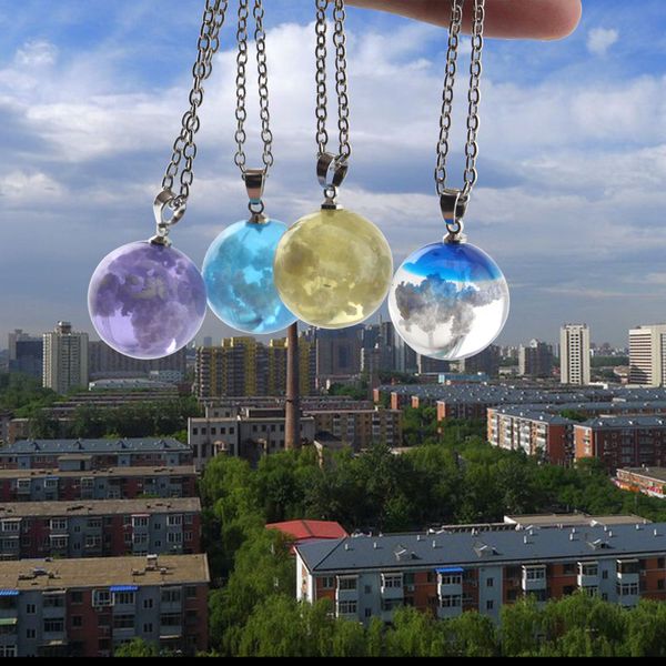 

chic transparent resin rould ball moon pendant necklace women blue sky white cloud chain necklace fashion jewelry gifts for girl, Silver