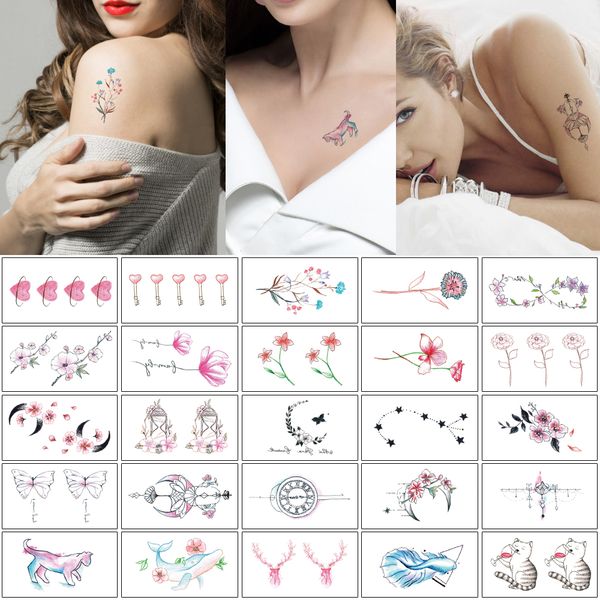 Acheter 105x6cm Sh Petit Watercolored Temporaire Autocollant De Tatouage De Papillon De Chat Bijoux Fleur Mignon Pendentif Design Pour Femme Bras