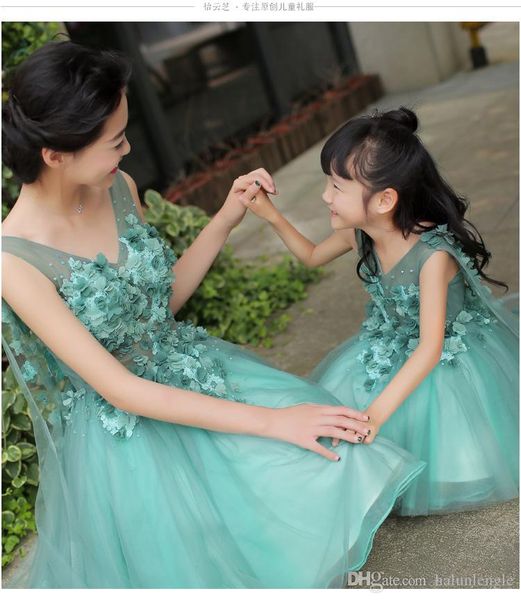 

mommy and me mother daughter wedding dress floor length flower girl dress with appliques family evening mother daughter clothes, Red;yellow