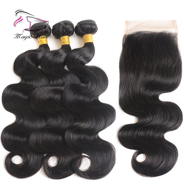 

evermagic natural color 3pieces bundles with 1piece closure brazilian hair weave body wave human hair extension 8-22inches, Black