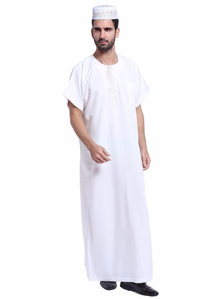

Muslim Mens Robe Short Sleeve Long Clothing Arab Middle East Style Tshirts Linen Crew Neck Apparel