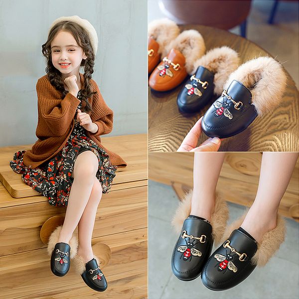 

2019 kid fur slippers children winter shoes loafers flat moccasins pu leather kids warm flats toddler winter boots zapatos nina, Black;grey