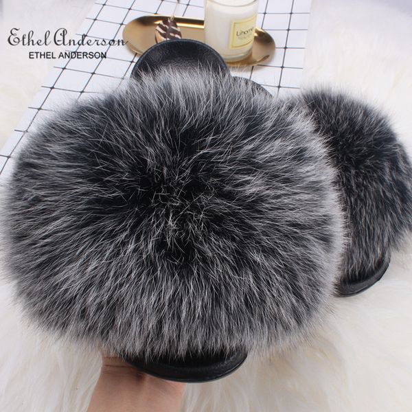 

ethel anderson real fox raccoon fur slippers slides lady summer flip flops casual cute fur sandals plush shoes recommend t200411, Black