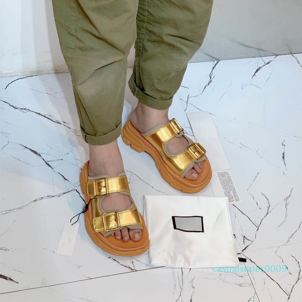 

grade luxury fashion women designer shoes silver gold metal leather slides white cowskin real leather platform designer sandals c09, Black