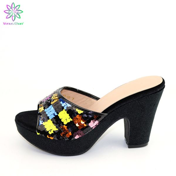 

multicolor 2020 spring and summer new design african shoes in heels matching shoes for party, Black