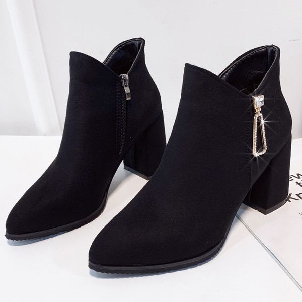 

women autumn winter suede ankle boots ladies black square root ankle booties pointed toe solid boots female casual outdoor shoes