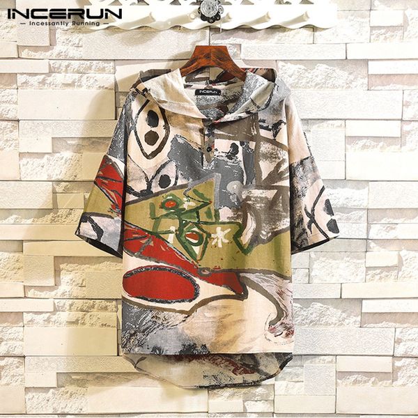 

2020 summer men hooded half sleeve shirt vintage printed shirts casual loose buttons pullovers man cotton thin sweatshirt, White;black