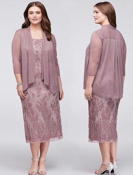 

plus size tea length mother of the groom dresses with jacket scoop neck 3/4 sleeve full lace prom wear short party gowns, Black;red