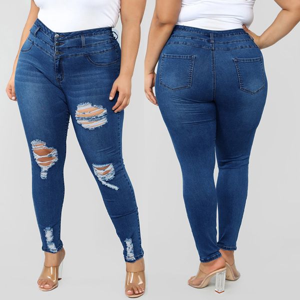

plus size ripped jeans women pocket stretch jeans women fashion denim woman denim pencil pants 8m3.5, Blue