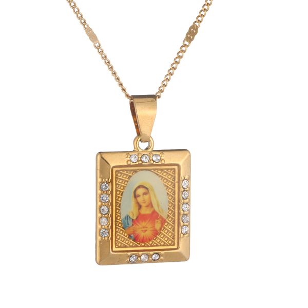 Goldfarbene katholische christliche Kette mit Emaille-Anhänger mit Kamee der Heiligen Mutter und Jungfrau Maria