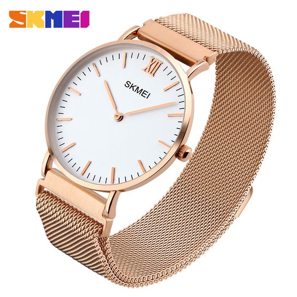 

skmei ультратонкий дизайн любителей смотреть новые мужские часы топ часы мужчины из нержавеющей стали магнитная сетка группа женские часы, Slivery;brown