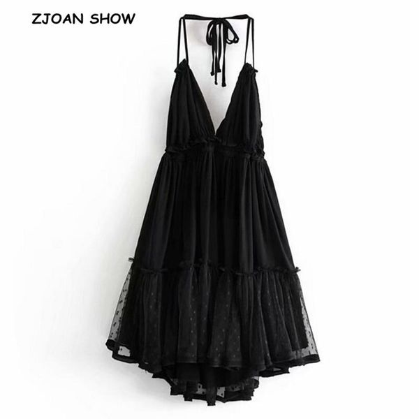 

2019 new bohemian spliced lace hem lacing up halter spaghetti strap dress black beige woman backless strappy ball gown dresses, Black;pink