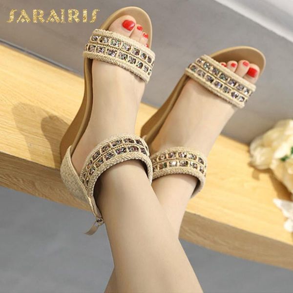 

sarairis 2020 new design wedge high heels zipper summer sandals woman shoes mixed colors crystal casual shoes women sandals, Black