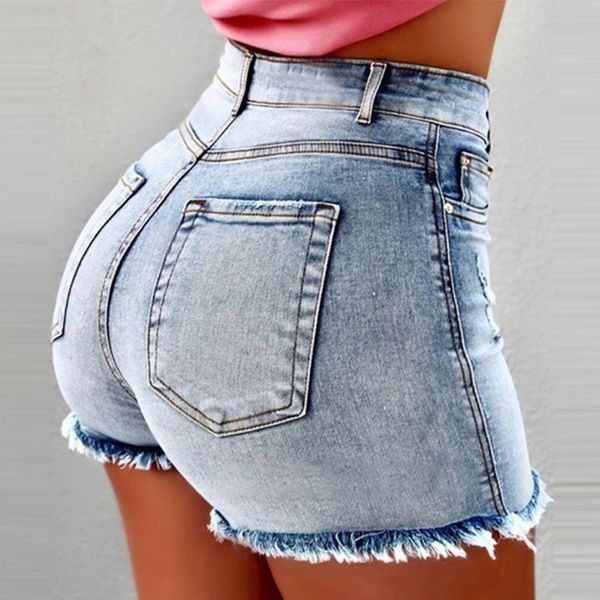 

denim women high waist jeans summer washed fashion designer tassel hole shorts jeans female skinny pants, Blue
