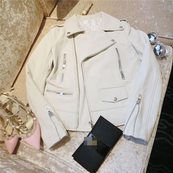 

slp style genuine leather motorcycle leather women's short high-quality sheepskin jacket white coat, Black