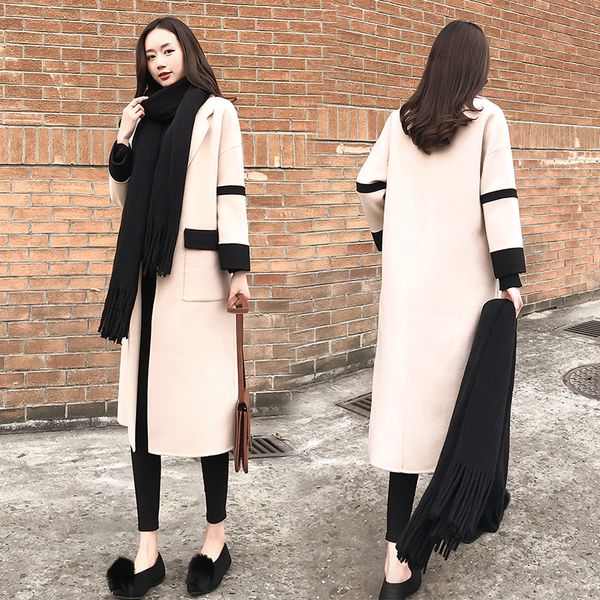 

2019 autumn winter new women's woolen jacket fashion korean patchwork loose long overcoat coats casual warm female wool coat, Black