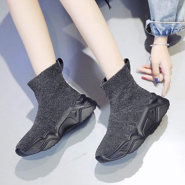 

sock shoes women's 2019 fall new daddy shoes net red short boots sports thick-bottomed socks boots high help women's, Black