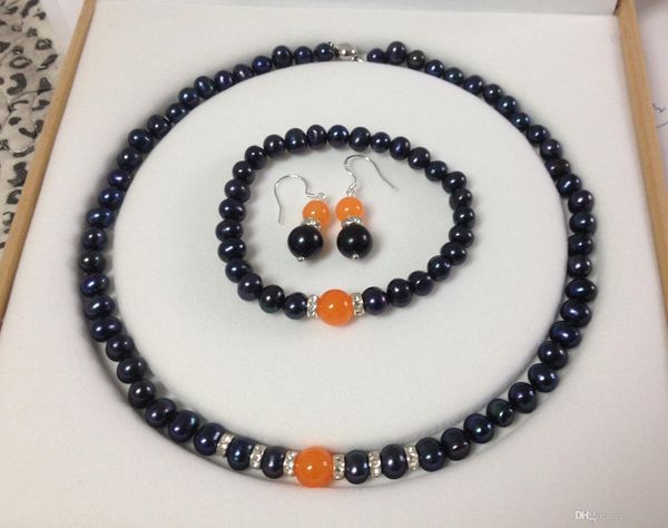 Set di orecchini collana bracciali con perle coltivate Akoya nere/giada arancione Senza scatola