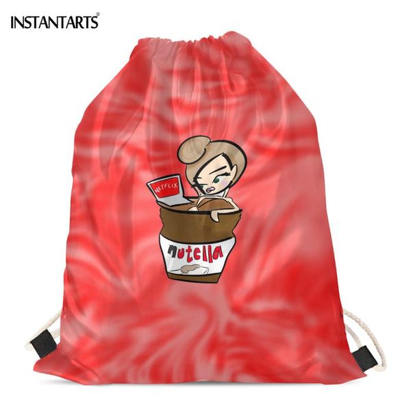 

instantarts cartoon funny nutella women print drawstrings bag light weight shopping bags girls casual shoulder backpack gymsack