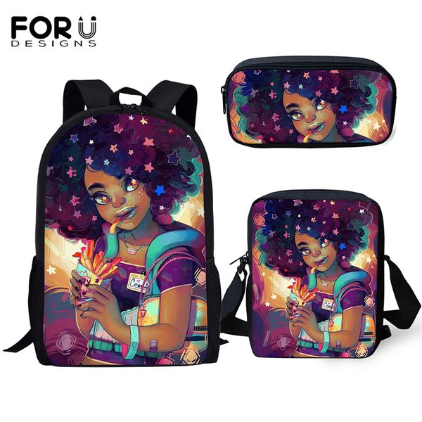 

forudesigns primary school backpack set black african girls pattern kids school bags afro arts design students 3pc/set book bags
