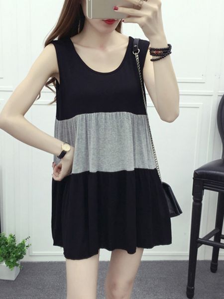 

contrast color cake layer loose mini dresses patchwork sleeveless summer dress women 2019 new o neck casual vestidos -2xl, Black;gray