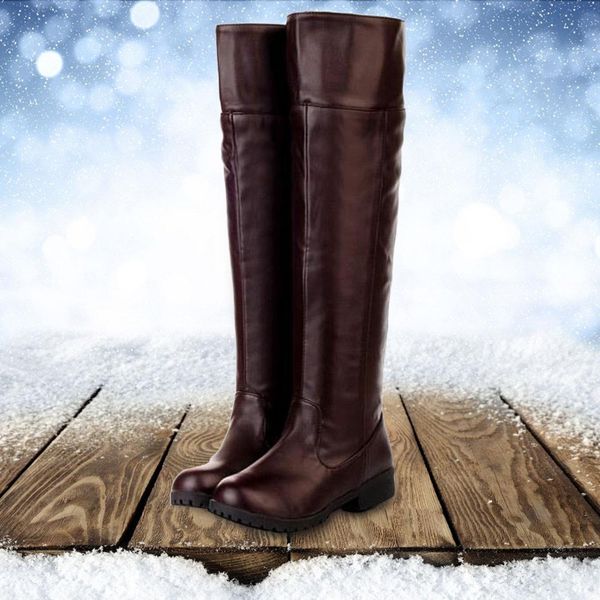 

ladies fretwork heels med high shaft leather slip on over kneeth cool boots, Black