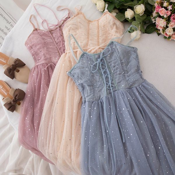 

princess party shiny dresses sequin spaghetti strap dress kawaii casual cute dress mesh bandage dress dot vestidos college, Black;gray