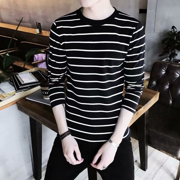 

2019 spring and autumn stripes long-sleeved t-shirt men korean-style slim fit crew neck base shirt fashion men's wear fashi, White;black