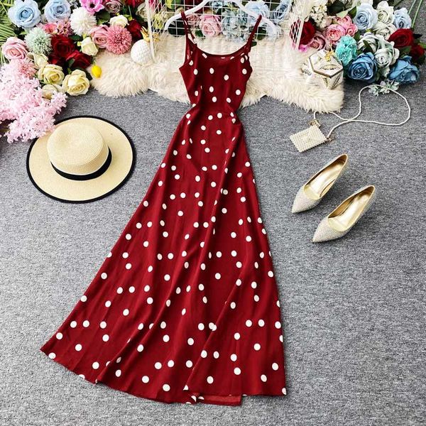 

2020 summer women long dress round neck sleeveless spaghetti strap dress vintage beach party red polka dot female new, Black;gray