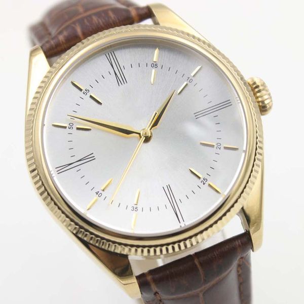 

gorgeous style 40mm white dial gold case automatic mens watch watches with a brown alligator leather strap fixed bezel index hour markers, Slivery;brown