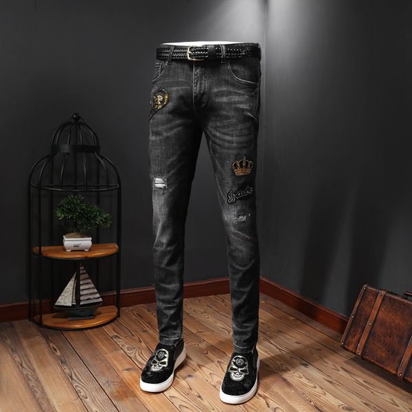 

men embroidery ripped jeans streetwear black slim fit pencil pants hq43, Blue
