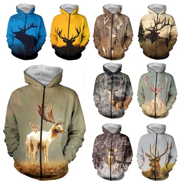 

liasoso new men women antelope sweatshirt 3d print animal deer elk zipper hoodies hip hop street o neck casual coat a311-17, Black