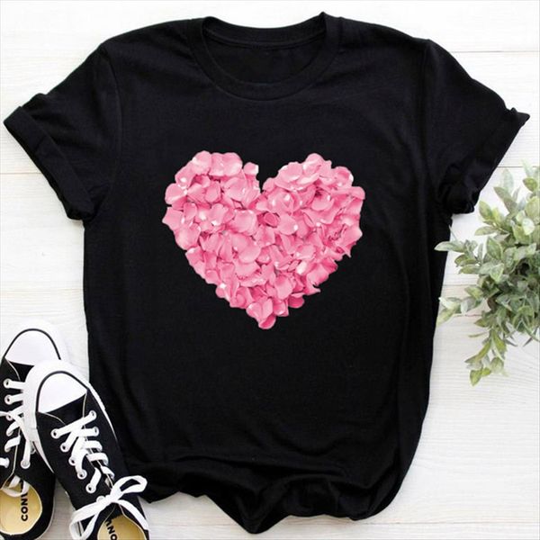 

pink heart-shaped flower printing women's t-shirt quality casual funny t-shirt gift gift 1990s lady, White