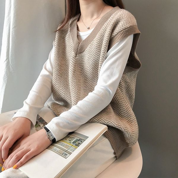 

knitted vest female 2019 autumn sweater vest female loose thin v-neck wild sleeveless sweater women's clothing, Black;white