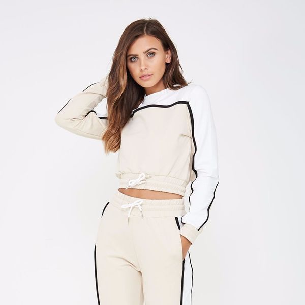 

fashion tracksuit 2pcs women set hoodies crop sweatshirt+side stripe pants causal 2 pieces sets women sporting suits female, White