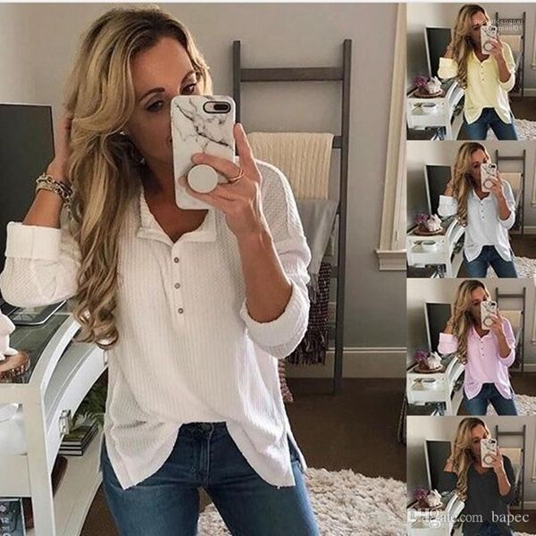 

button tshirt spring casual women long sleeve clothes female pure color tshirt fashion designer stand collar with, White